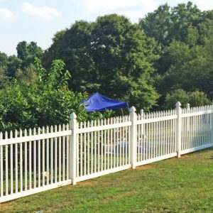 Preston white vinyl picket fence with blue tent