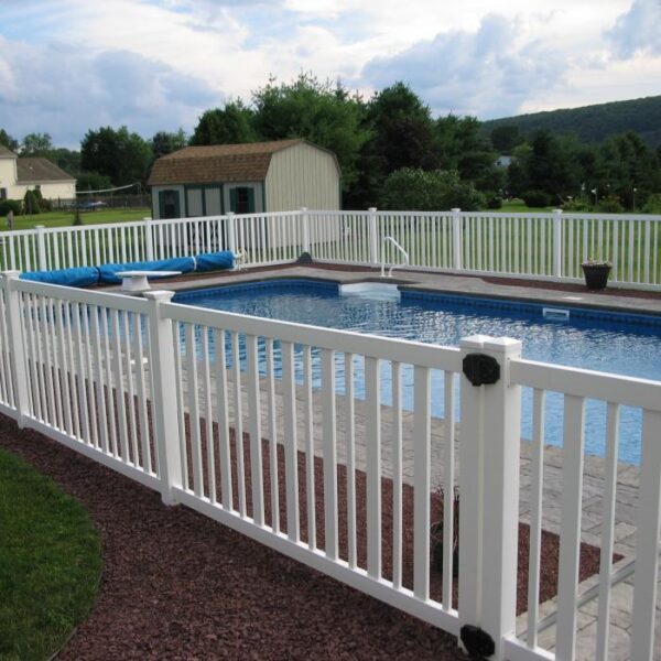 Cargill white vinyl pool fence side view angled