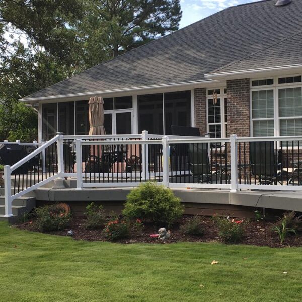 Bradford White vinyl railing on larch porch