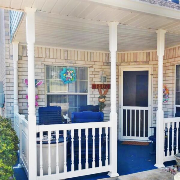 Westport white vinyl railing on Easter decorated porch