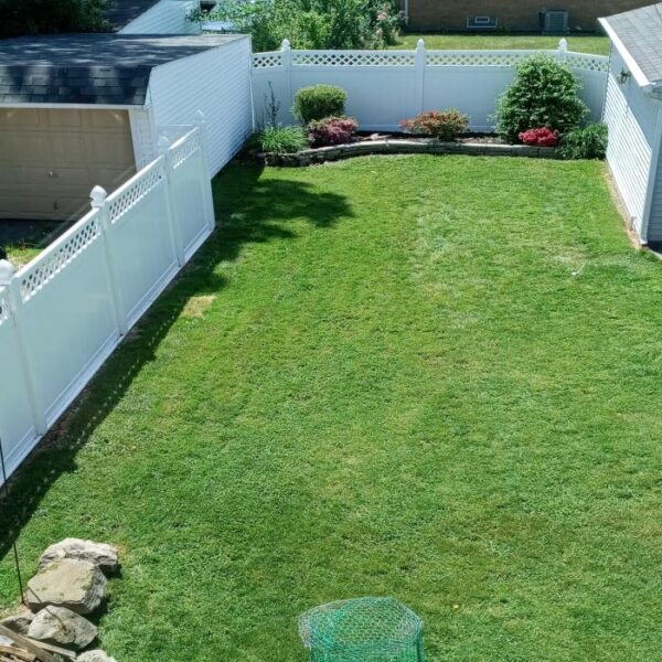 Winchester white vinyl privacy fence high angle view