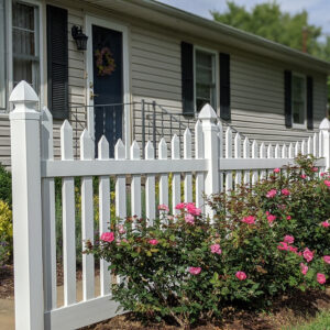 Grantham white vinyl picket fence with pink flower bushes