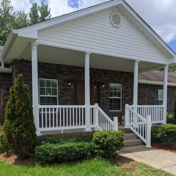 Waltham white vinyl railing on small porch alternate angle