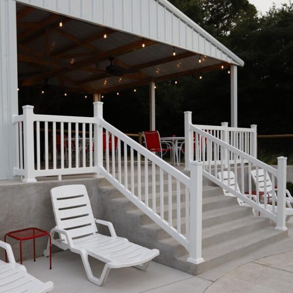 Waltham white vinyl railing pavilion stairs