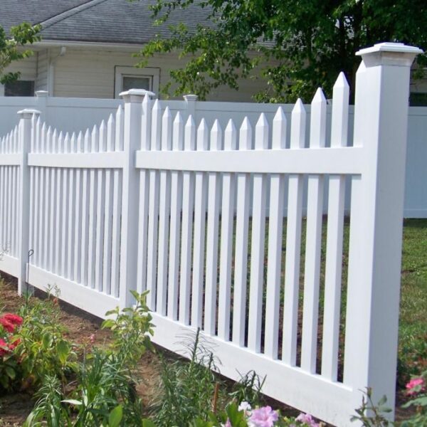 Grantham white vinyl picket fence close view