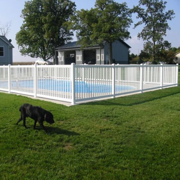 Gillingham white vinyl pool fence around pool with dog