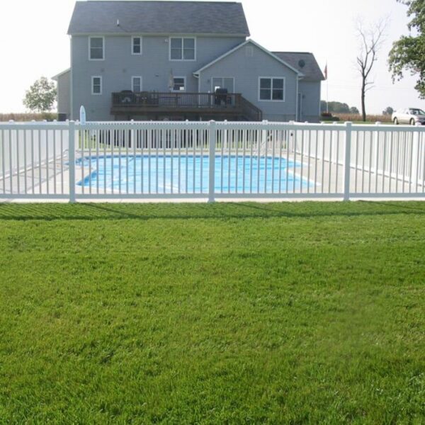 Gillingham white vinyl pool fence around pool closer view