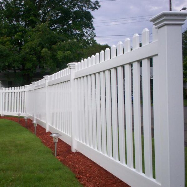 Burton white vinyl picket fence with ground lights