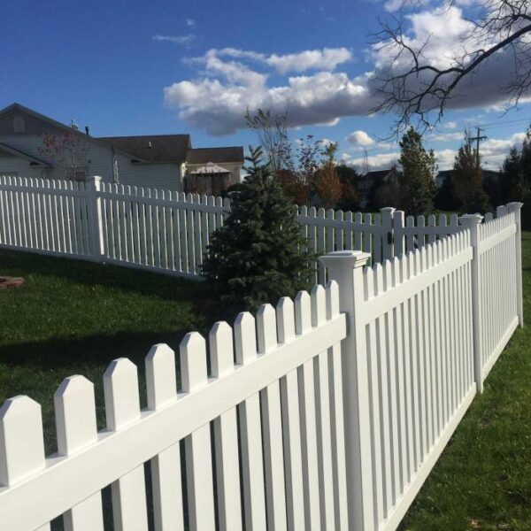 Sudbury white vinyl picket fence corner