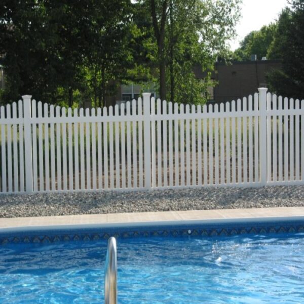 Rochdale white vinyl picket fence around pool