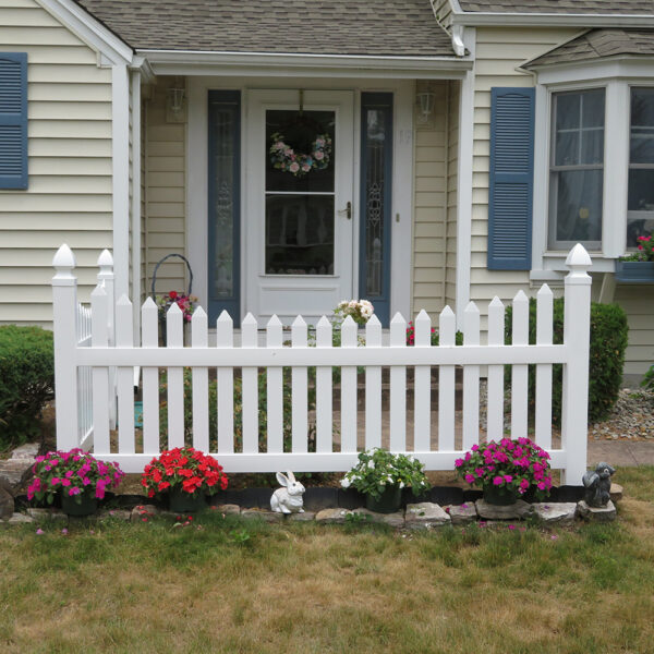 Rochdale white vinyl picket fence rabbit garden 2