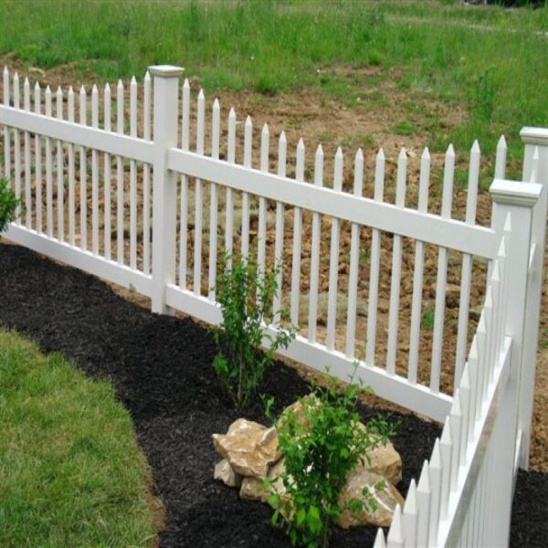 Stanley white vinyl picket fence yard corner