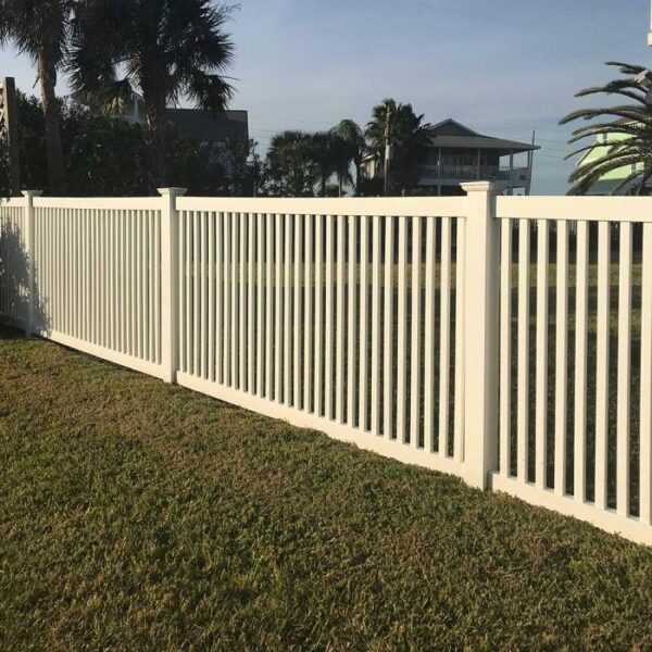 Harwich white vinyl pool fence in sunset