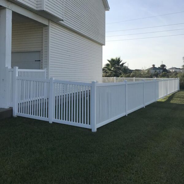 Harwich white vinyl pool fence in yard