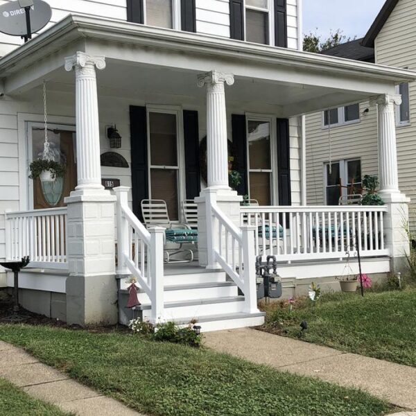 Brighton white vinyl railing on decorated porch