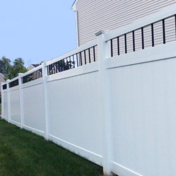 Florence white vinyl privacy fence long view